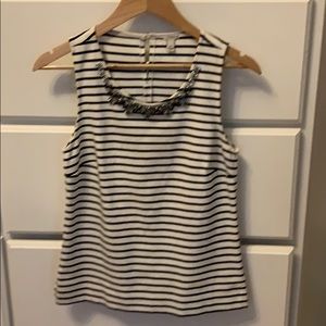 J Crew Black & White Striped Top w/ Jewel Neckline